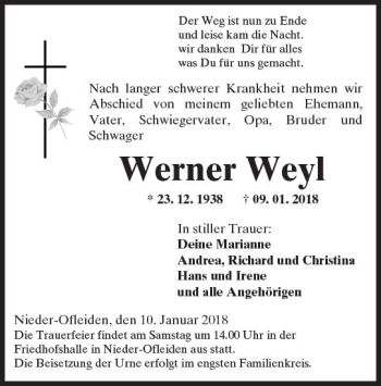 Traueranzeige von Werner Weyl von VRM Trauer