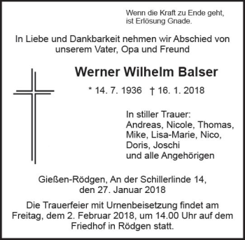 Traueranzeige von Werner Wilhelm Balser von  Gießener Anzeiger