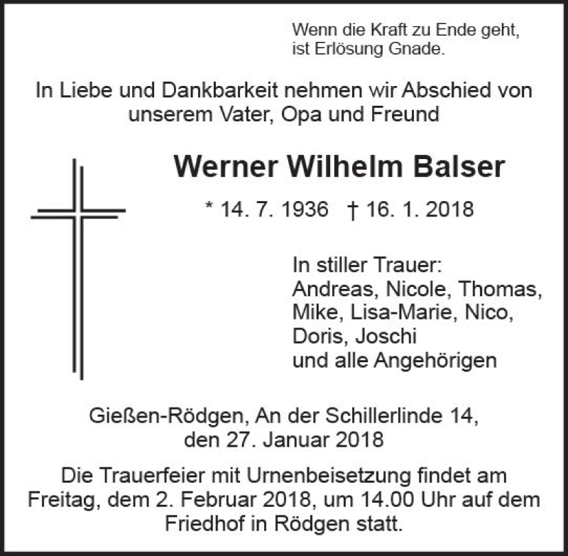  Traueranzeige für Werner Wilhelm Balser vom 27.01.2018 aus  Gießener Anzeiger