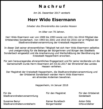 Traueranzeige von Wido Eisermann von Trauerportal Rhein Main Presse