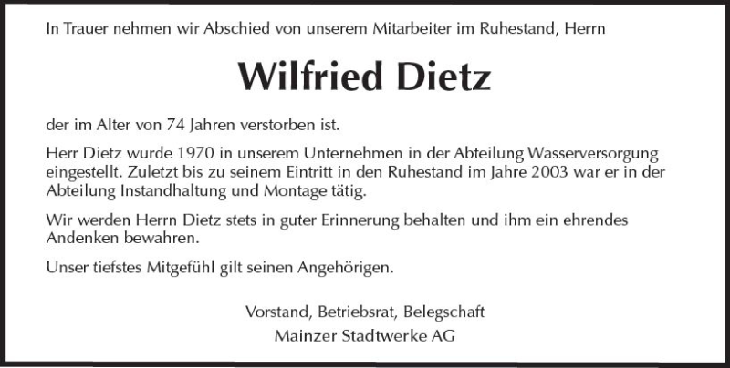  Traueranzeige für Wilfried Dietz vom 09.01.2018 aus Trauerportal Rhein Main Presse
