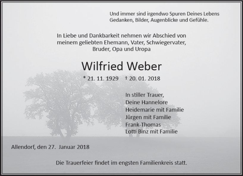  Traueranzeige für Wilfried Weber vom 27.01.2018 aus  Gießener Anzeiger