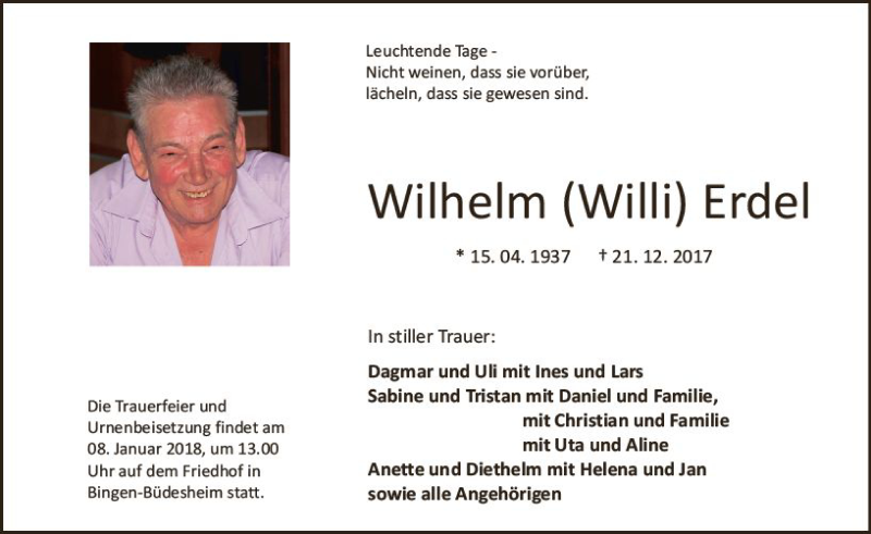  Traueranzeige für Wilhelm Erdel vom 04.01.2018 aus Trauerportal Rhein Main Presse