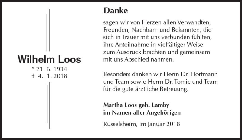  Traueranzeige für Wilhelm Loos vom 27.01.2018 aus Trauerportal Rhein Main Presse
