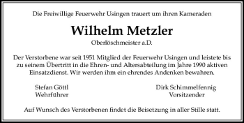 Traueranzeige von Wilhelm Metzler von  Usinger Anzeiger