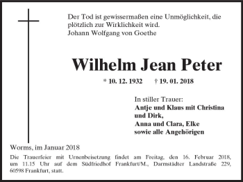 Traueranzeige von Wilhelm Jean Peter von Trauerportal Rhein Main Presse