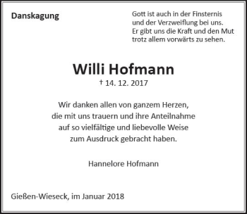 Traueranzeige von Willi Hofmann von  Gießener Anzeiger