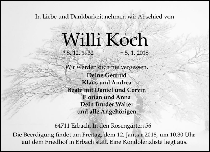 Traueranzeige für Willi Koch vom 10.01.2018 aus Trauerportal Rhein Main Presse