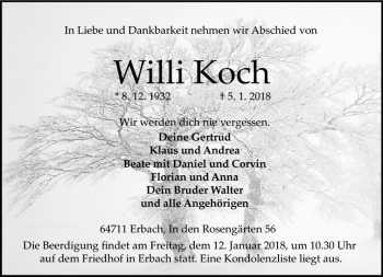 Traueranzeige von Willi Koch von Trauerportal Rhein Main Presse