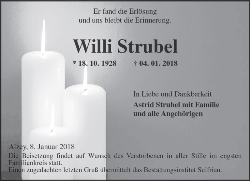  Traueranzeige für Willi Strubel vom 08.01.2018 aus Trauerportal Rhein Main Presse