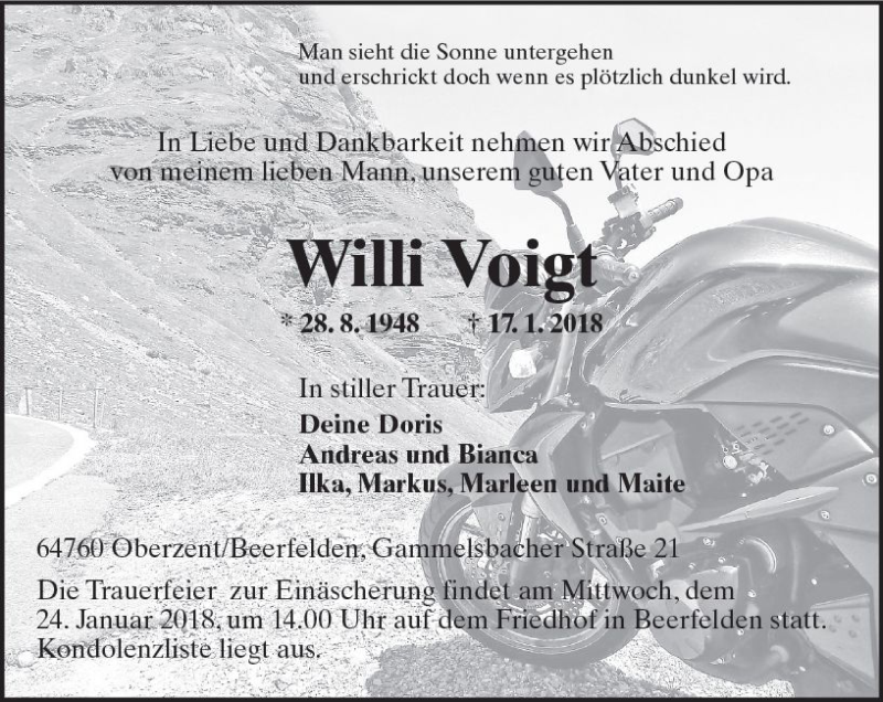  Traueranzeige für Willi Voigt vom 22.01.2018 aus Trauerportal Rhein Main Presse