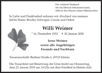 Traueranzeige von Willi Weimer von Trauerportal Rhein Main Presse
