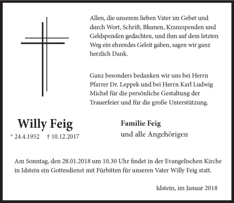  Traueranzeige für Willy Feig vom 20.01.2018 aus Trauerportal Rhein Main Presse