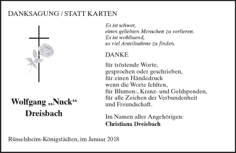  Traueranzeige für Wolfgang Dreisbach vom 11.01.2018 aus Trauerportal Rhein Main Presse