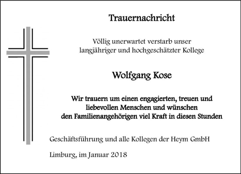  Traueranzeige für Wolfgang Kose vom 04.01.2018 aus  Gießener Anzeiger