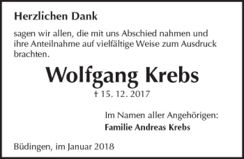 Traueranzeige von Wolfgang Krebs von  Kreisanzeiger