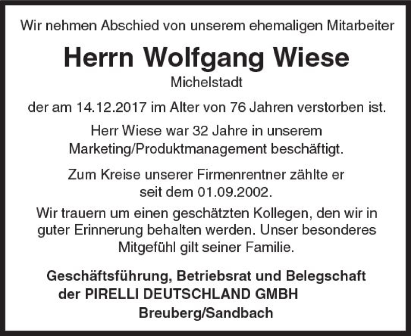  Traueranzeige für Wolfgang Wiese vom 11.01.2018 aus Trauerportal Rhein Main Presse