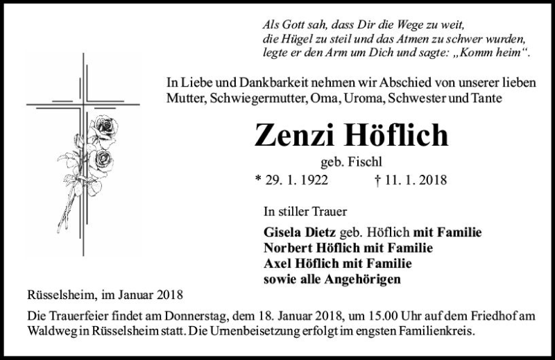  Traueranzeige für Zenzi Höflich vom 16.01.2018 aus Trauerportal Rhein Main Presse