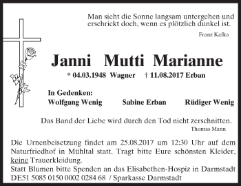 Traueranzeige von Marianne Erban von Trauerportal Rhein Main Presse