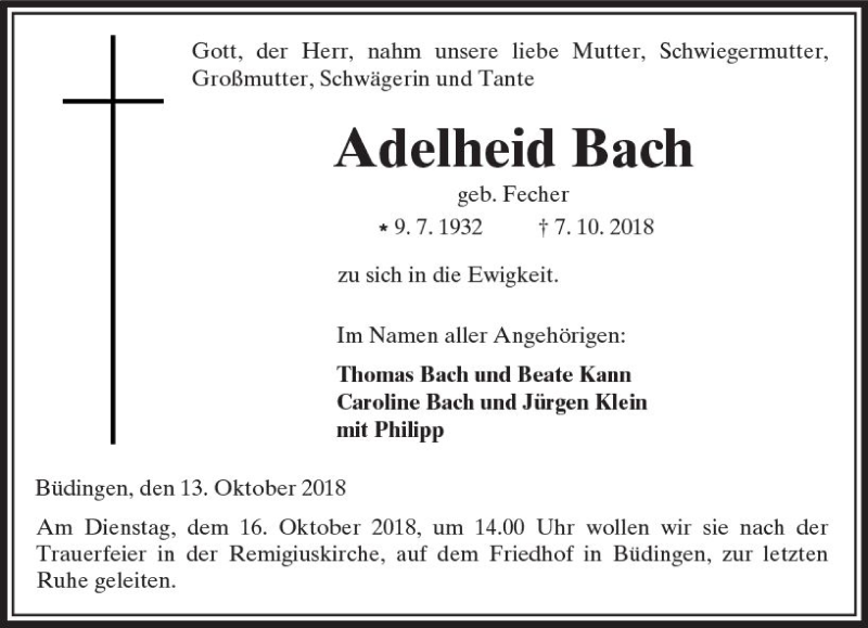  Traueranzeige für Adelheid Bach vom 13.10.2018 aus  Kreisanzeiger