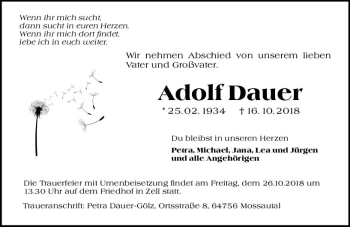 Traueranzeige von Adolf Dauer von vrm-trauer