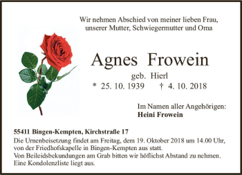 Traueranzeige von Agnes Frowein von vrm-trauer