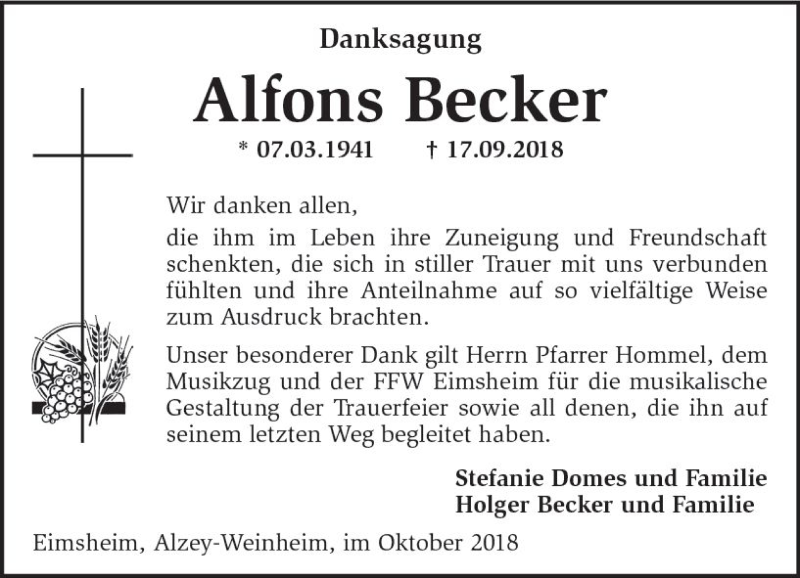  Traueranzeige für Alfons Becker vom 24.10.2018 aus vrm-trauer