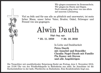 Traueranzeige von Alwin Dauth von vrm-trauer