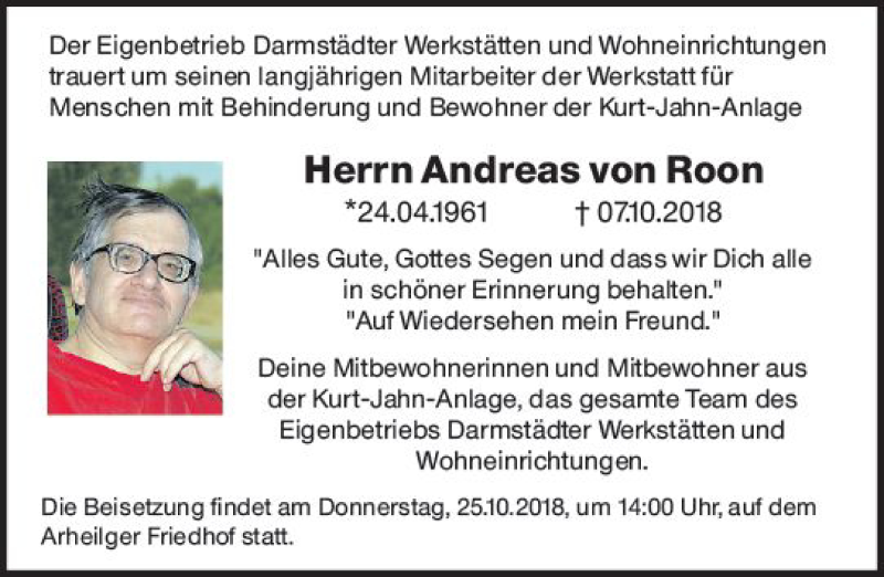  Traueranzeige für Andreas von Roon vom 20.10.2018 aus vrm-trauer