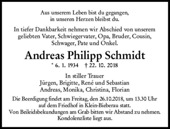 Traueranzeige von Andreas Philipp Schmidt von vrm-trauer