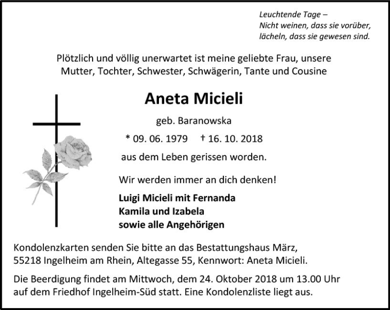  Traueranzeige für Aneta Micieli vom 22.10.2018 aus vrm-trauer