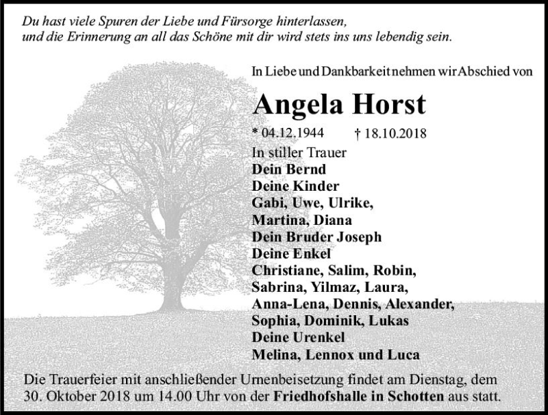  Traueranzeige für Angela Horst vom 26.10.2018 aus VRM Trauer