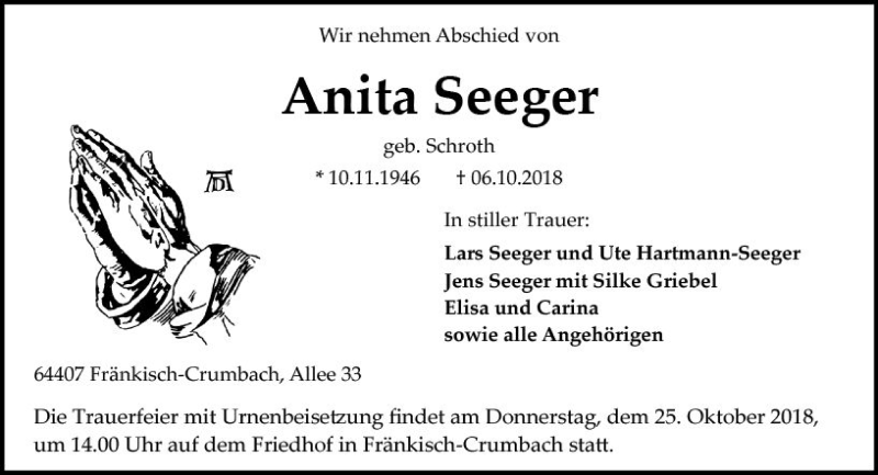  Traueranzeige für Anita Seeger vom 20.10.2018 aus vrm-trauer