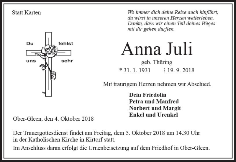  Traueranzeige für Anna Juli vom 04.10.2018 aus VRM Trauer