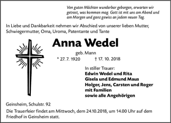 Traueranzeige von Anna Wedel von vrm-trauer