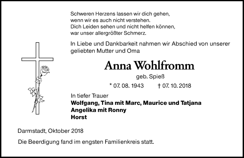  Traueranzeige für Anna Wohlfromm vom 13.10.2018 aus vrm-trauer
