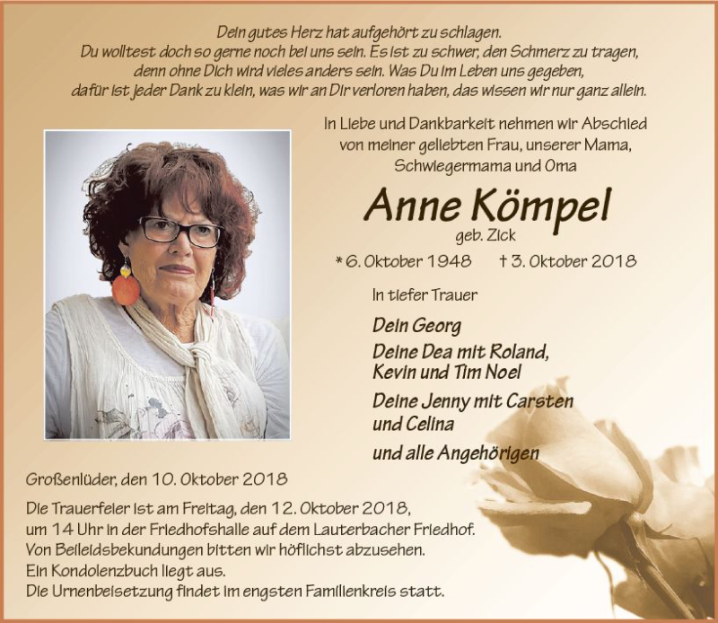  Traueranzeige für Anne Kömpel vom 10.10.2018 aus VRM Trauer