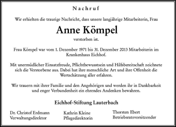 Traueranzeige von Anne Kömpel von VRM Trauer