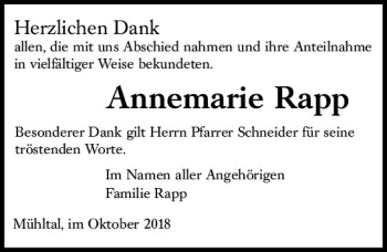 Traueranzeige von Annemarie Rapp von vrm-trauer