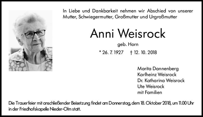  Traueranzeige für Anni Weisrock vom 16.10.2018 aus vrm-trauer