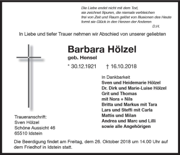 Traueranzeige von Barbara Hölzel von vrm-trauer