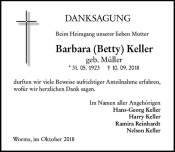 Traueranzeige von Barbara Keller von vrm-trauer