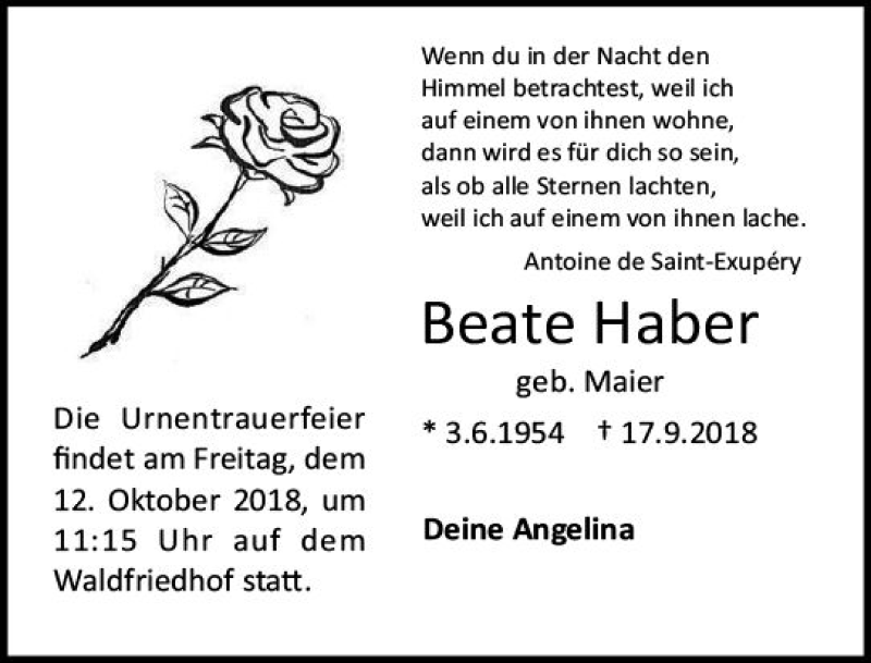  Traueranzeige für Beate Haber vom 06.10.2018 aus vrm-trauer
