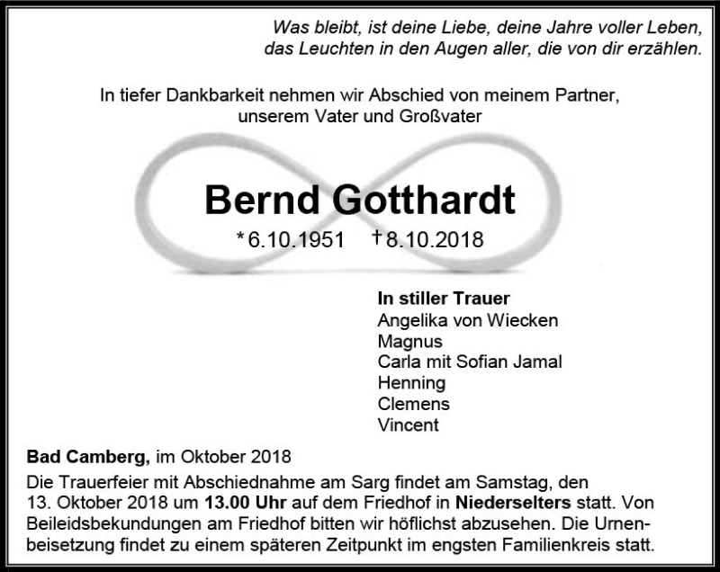  Traueranzeige für Bernd Gotthardt vom 11.10.2018 aus  Camberger Anzeiger