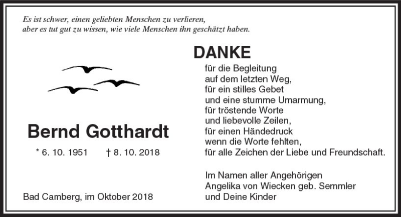  Traueranzeige für Bernd Gotthardt vom 25.10.2018 aus  Camberger Anzeiger