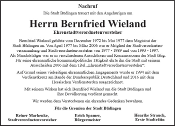 Traueranzeige von Bernfried Wieland von  Kreisanzeiger