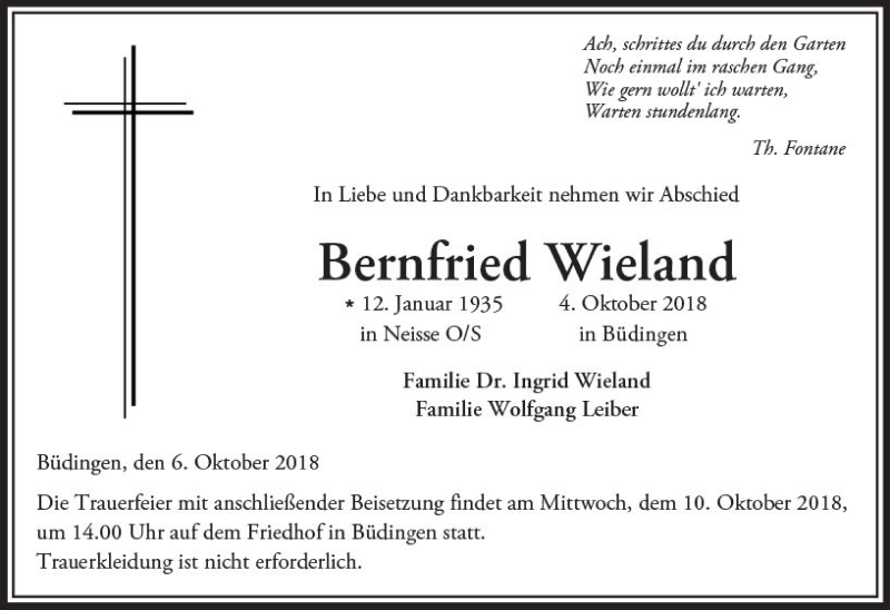  Traueranzeige für Bernfried Wieland vom 06.10.2018 aus  Kreisanzeiger