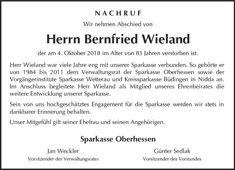  Traueranzeige für Bernfried Wieland vom 09.10.2018 aus  Kreisanzeiger