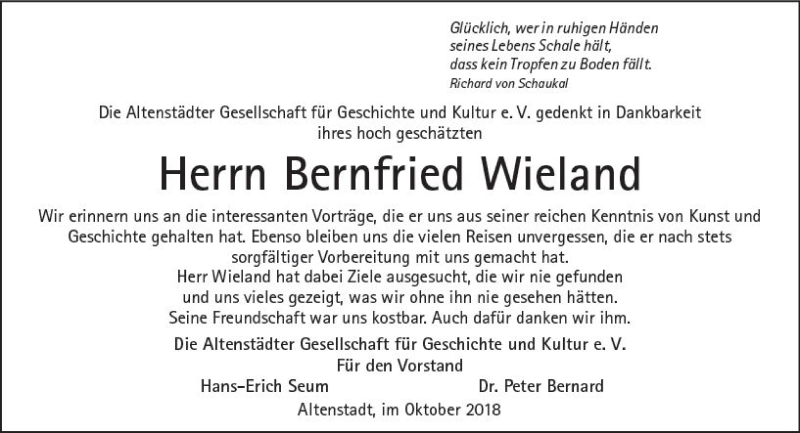  Traueranzeige für Bernfried Wieland vom 10.10.2018 aus  Kreisanzeiger
