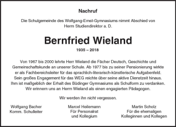 Traueranzeige von Bernfried Wieland von  Kreisanzeiger